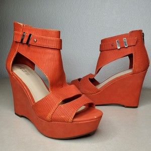 Bar III Wedge Platform Sandals Susie Textured Orange Silver Buckles Womens Sz 6M